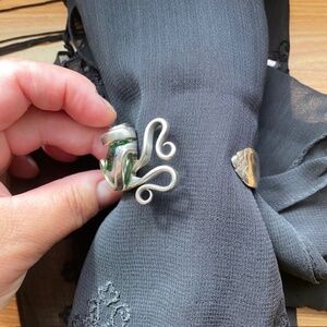 Artisan Handcrafted Silver Plated Fork Cuff with Green Glass Stone